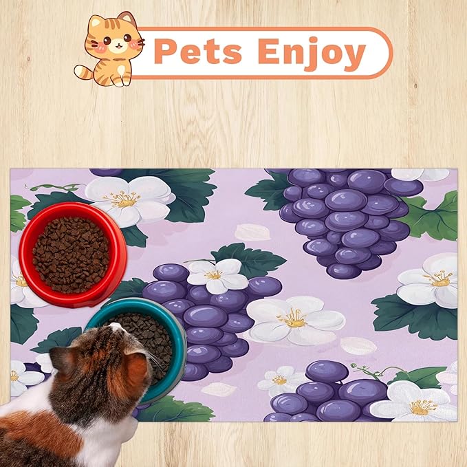 Purple Grape Dog Food Mat for Floors Absorbent Dog Bowl Mat for Food and Water Dispenser Quick Dry Cat Food Placemat Pet Supplies 24" x 32", Summer Floral