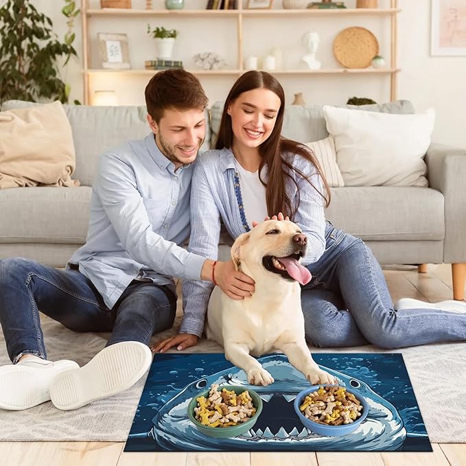 Cool Shark Dog Food Mat for Floors Absorbent Dog Bowl Mat for Food and Water Dispenser Quick Dry Cat Food Placemat Pet Supplies 12" x 20", Ocean Fish