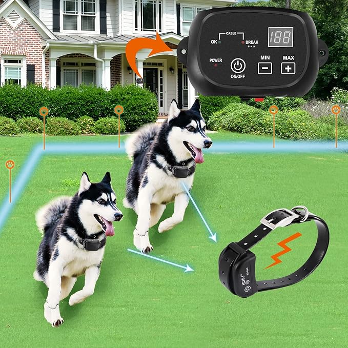 Electric Dog Fence, Wired Pet Containment System, Aboveground/Underground Installation, 650 Ft Wire, IP66 Waterproof Rechargeable Collar, Shock/Tone Correction Mode, 2 Collars
