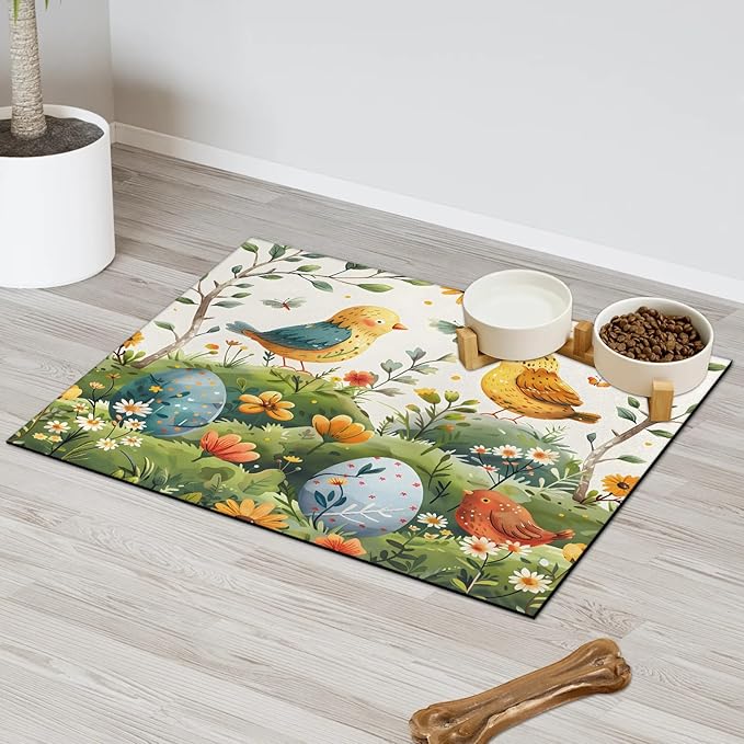 Easter Eggs Dog Food Mat for Floors Absorbent Dog Bowl Mat for Food and Water Dispenser Quick Dry Cat Food Placemat Pet Supplies 24" x 32", Floral Bird