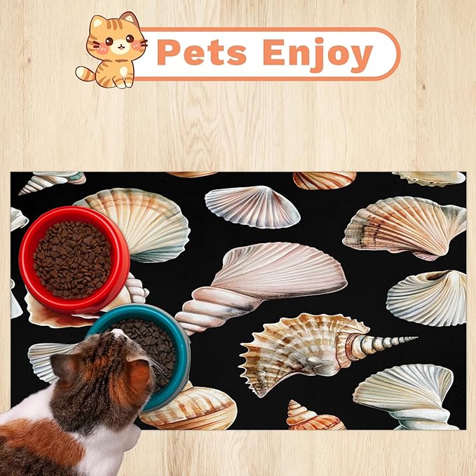 Sea Shell Dog Food Mat for Floors Absorbent Dog Bowl Mat for Food and Water Dispenser Quick Dry Cat Food Placemat Pet Supplies 12" x 20", Beach Conch