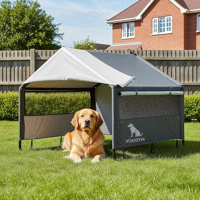 XLarge Outdoor Dog House 4'x4'x3.2' for Large Dogs, Animal Shelter with Doors and Mesh Window, Outside Sun Rain Canopy Pet House for Dogs, Cats, Small Animals and Livestock