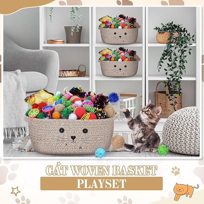 Zopeal 58 Pcs Easter Cat Storage Basket Gift Toys Set, Colorful Flashing Balls Pet Bell Crinkle Balls Spring Toys Attract Cat to Swat, Hunt, Interactive for Pet(Dark Brown,12 Inch)