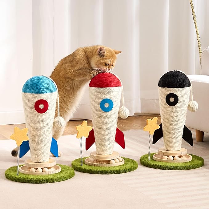 Cat Scratching Post, Rocket Cute Sisal Cat Scratcher with Durable Solid Wood Turntable Toy, Cat Scratch Post Red Cat Scratcher with Spinning Star Toy for Indoor Adult Cats