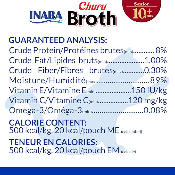 INABA Churu Broth for Cats Senior 10+, Side Dish Pouch, 1.4 Ounces per Pouch, 12 Pouches Total, Chicken & Tuna Recipe