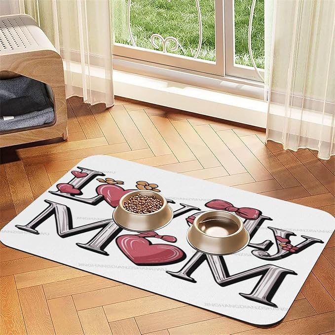 Pet Feeding Mats with Residue Collection Happy Mother's Day Lovely Mom Gift for Mum Cy Waterproof Dog Cat Bowl Mat 18X12In with Prevent Water Food Spills