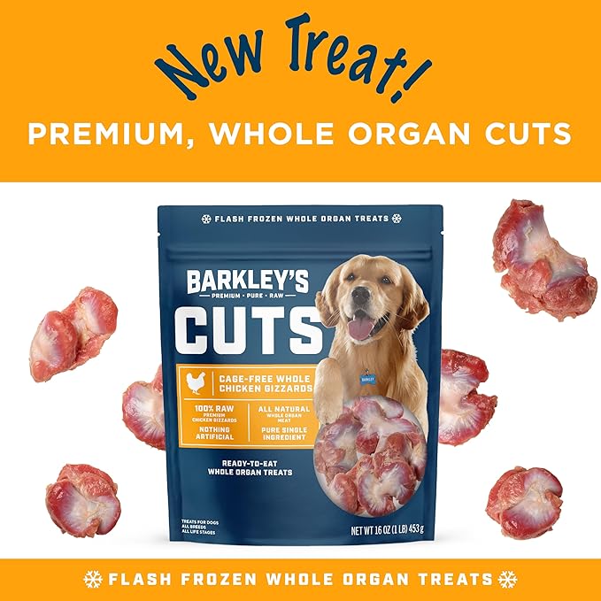 Barkley’s Cuts, Frozen Raw Whole Chicken Gizzards Dog Treats, Single Ingredient, Flash Frozen, High Protein Training Treats and Food Toppers for Puppies and Dogs, Human Grade Ingredients, 16 Oz Bag