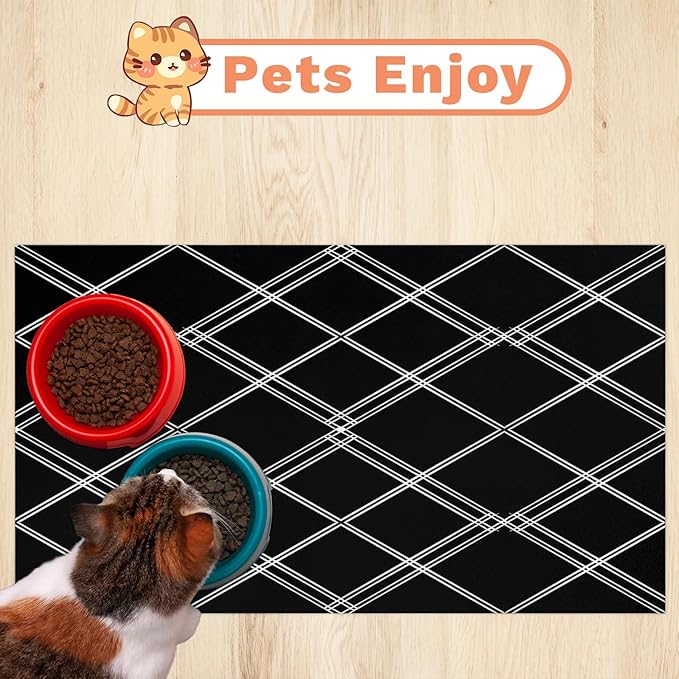 Buffalo Check Dog Food Mat for Floors Absorbent, Quick Dry Water Dispenser Mat for Food, Water, Pet Supplies 24" x 32", Black