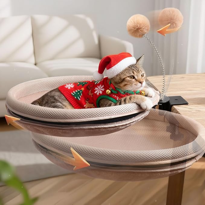 Cat Desk Bed with Teaser Wand, Under Desk Cats Bed Platform with Sturdy Clamp, Space-Saving Cat Perch Mounts Underneath Desk for Large Cats(Khaki)