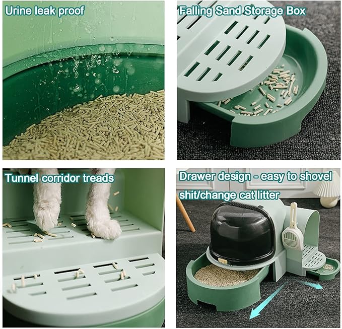 Cat Litter Box, Front Entry Cat Litter Box with Lid, Covered Kitten Litter Tray,Corridor-Type Odor-Proof Litter Box with Sand Drawer Including Cat Litter Scoop (Color : Gray)