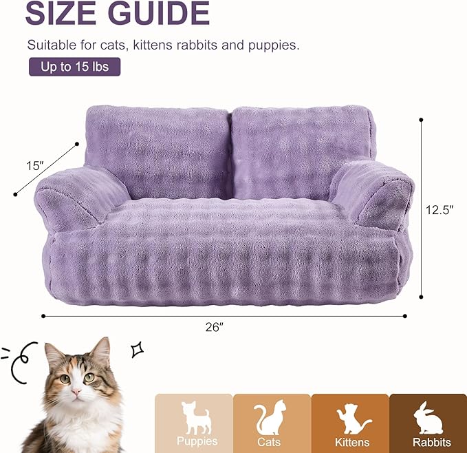 Cat Couch Bed, Cute Soft Pet Sofa for Indoor Cats Kittens Puppies with Removable Washable Cover, 26"x15", Dusty Purple