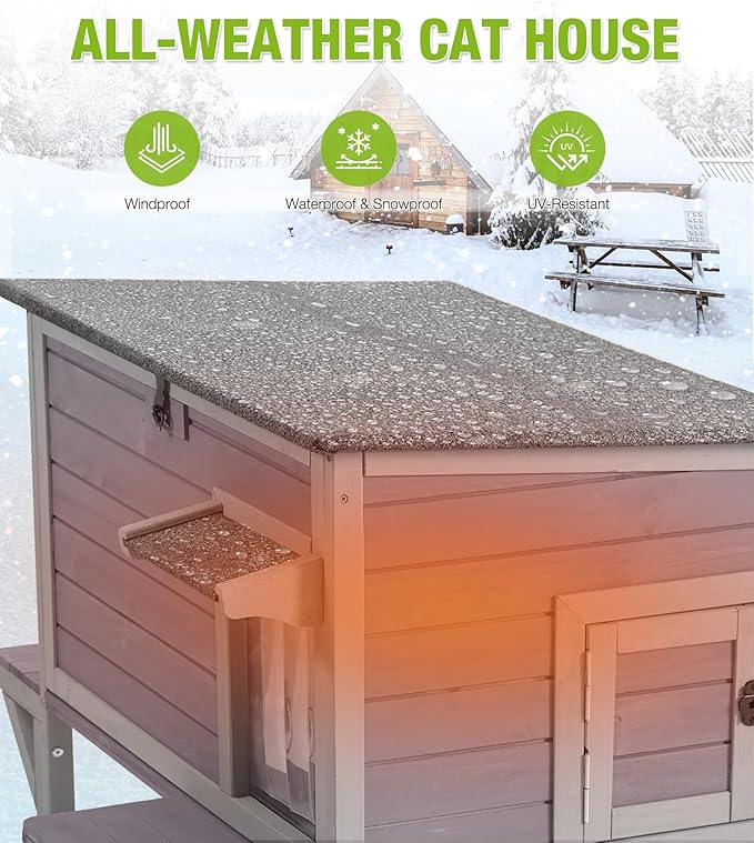 GUTINNEEN Heated Cat House for Outside, Outdoor Cat House Insulated with Bite-Resistant Wires, Detachable Lining, Expandable Feral Cat Shelter with Weatherproof Roof
