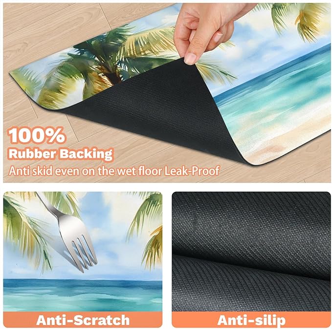 Summer Beach Dog Food Mat for Floors Absorbent, Quick Dry Water Dispenser Mat for Food, Water, Pet Supplies 16" x 24", Tropical Palm Tree
