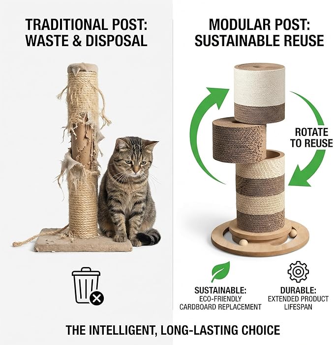 24” Cat Scratching Post – Vertical Cardboard Cat Scratcher for Indoor Cats & Kittens, Modular Replaceable Blocks, Stable Base Cat Post, Space-Saving Scratching Post Tower
