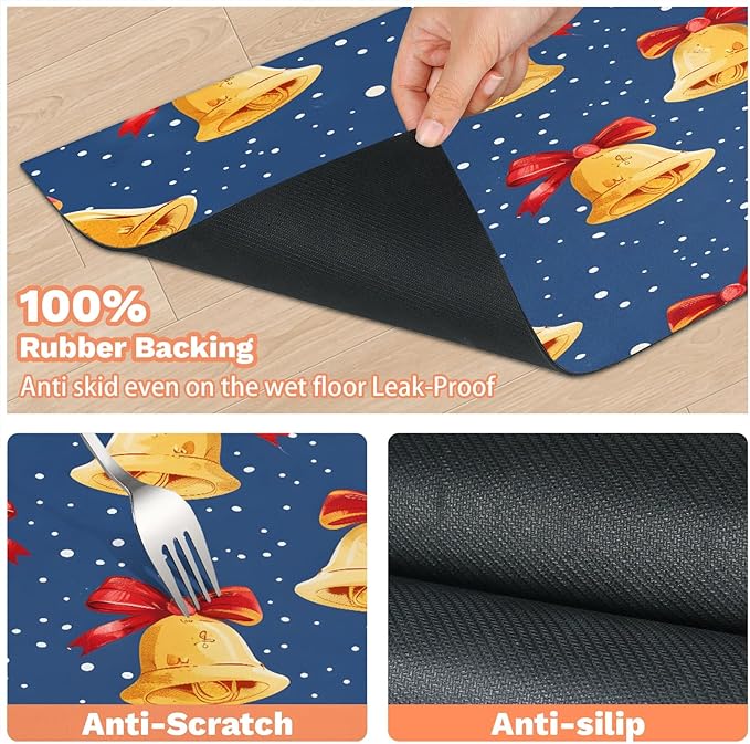 Christmas Bell Dog Food Mat for Floors Absorbent, Quick Dry Water Dispenser Mat for Food, Water, Pet Supplies 24" x 32", Winter Snowflake