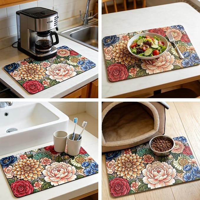 GLOBLELAND Vintage Mandala Flowers Pet Food Mat for Floors 11.8×20 inch Dogs Food Mats Absorbent Dog Bowl Mat Quick Dry Dog Cat Pet Placemats Pets Supplies for Water Dispenser
