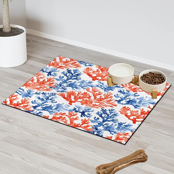 Coastal Beach Dog Food Mat for Floors Absorbent Dog Bowl Mat for Food and Water Dispenser Quick Dry Cat Food Placemat Pet Supplies 17" x 30", Watercolor Coral