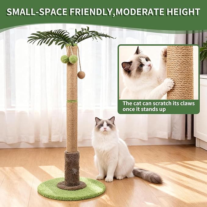 RPZ Palm Tree Cat Scratching Post for Indoor Cats, Tall Sisal Cat Scratcher Tree with Sturdy Base, Cute Cat Scratch Post for Kittens & Adult Cats