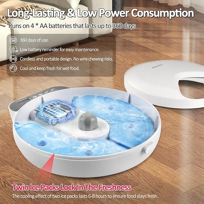 QXQIN Automatic Cat Feeder Wet Food, 4 Meals Cordless Auto Refrigerated Pet Feeder with 2 Ice Packs & Meal Cover, Programmable Timer & 4PCS AA Batteries Included for Cats Small Dogs-ABS Food Tray