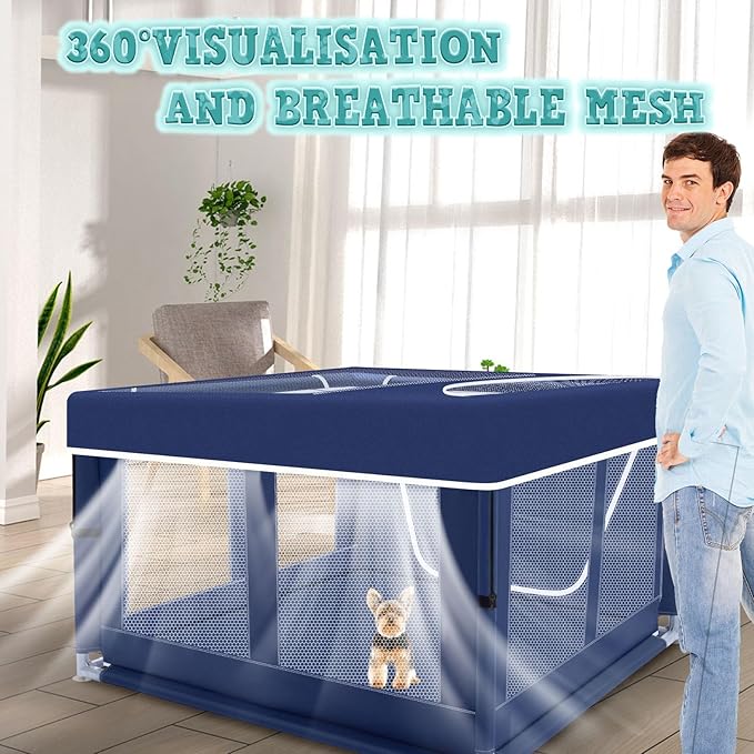 42x42 Inch Puppy Playpen with Cover, Dog Playpen for Puppies or Small Dogs, Pet Fence for Indoor & Outdoor, Sturdy Safety DogPen with Thickened Fabric, High-Strength Nylon Wire Mesh, Blue