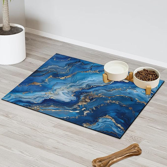 Blue Marble Dog Food Mat for Floors Absorbent, Quick Dry Water Dispenser Mat for Food, Water, Pet Supplies 16" x 24", Modern Abstract