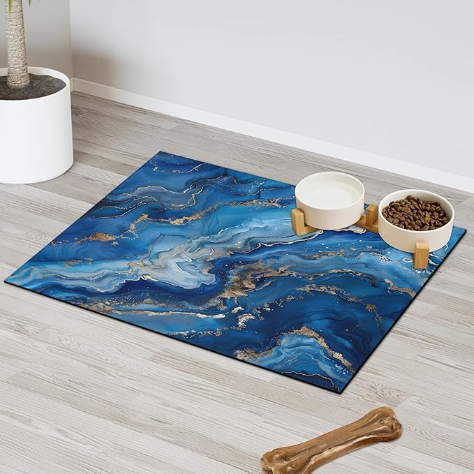Blue Marble Dog Food Mat for Floors Absorbent, Quick Dry Water Dispenser Mat for Food, Water, Pet Supplies 24" x 32", Modern Abstract