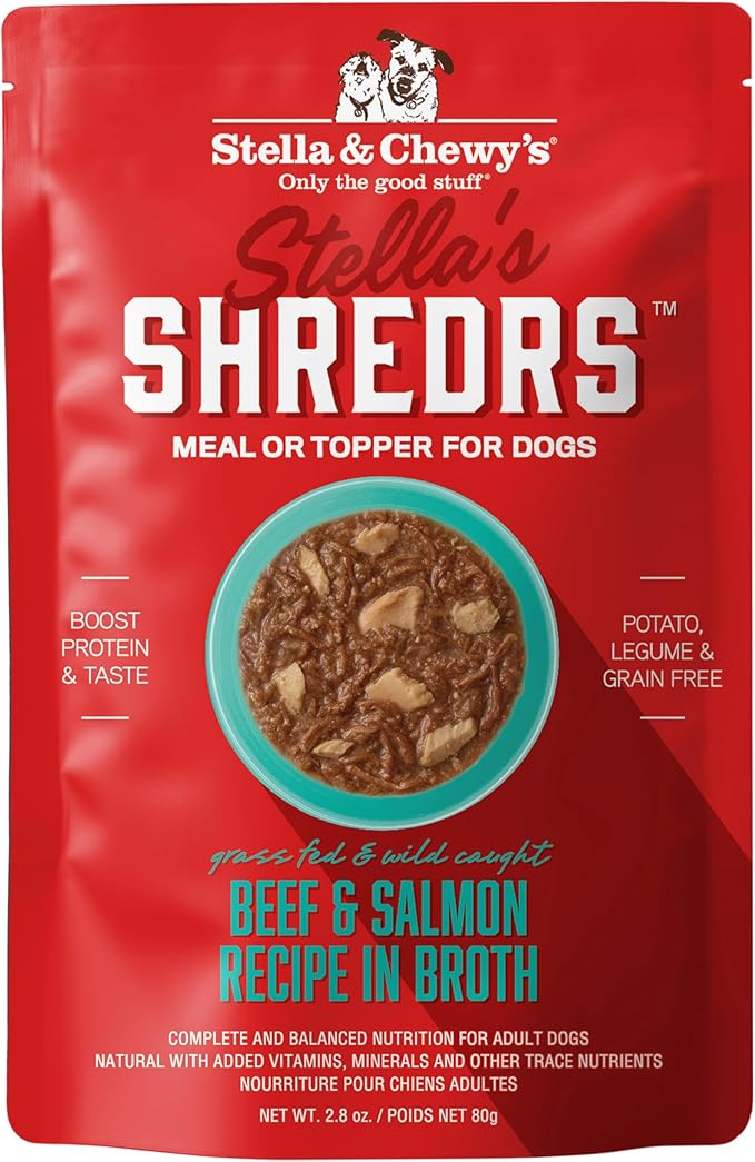 Stella & Chewy's Grass Fed Beef & Wild Caught Salmon Shredrs - Premium Dog Food Pouches - Perfect for Picky Eaters- 12 Pack, 2.8oz Each