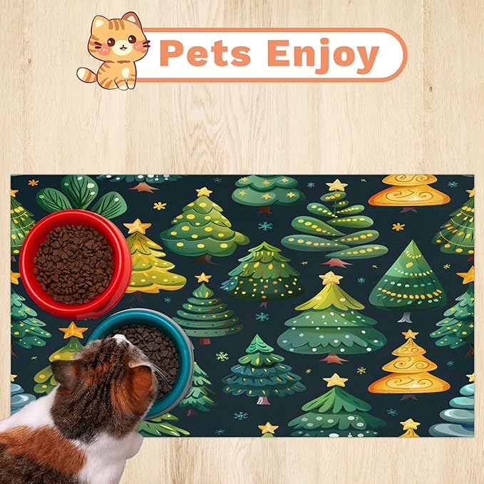 Christmas Trees Dog Food Mat for Floors Absorbent, Quick Dry Water Dispenser Mat for Food, Water, Pet Supplies 12" x 20", Pine Tree Forest
