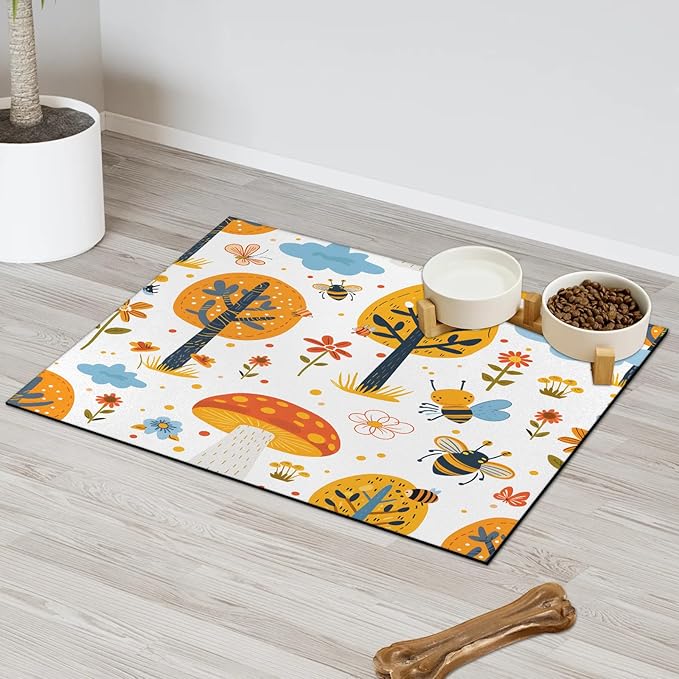 Tree Dog Food Mat for Floors Absorbent, Quick Dry Water Dispenser Mat for Food, Water, Pet Supplies 12" x 20", Floral