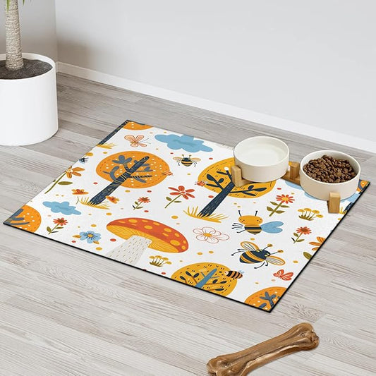 Tree Dog Food Mat for Floors Absorbent, Quick Dry Water Dispenser Mat for Food, Water, Pet Supplies 24" x 32", Floral
