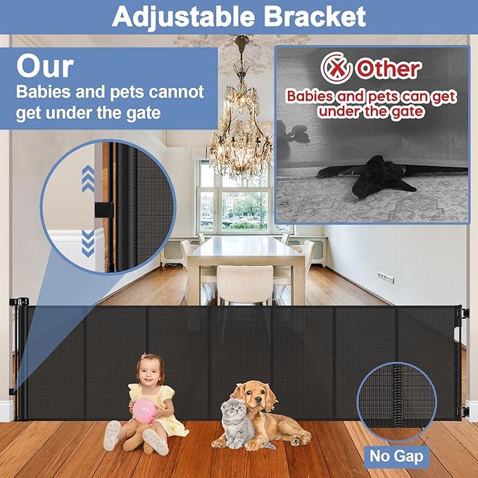Reinforced 200 Inch Extra Wide Baby Gate Retractable Dog Gate 16.7ft Outdoor pet Gates for Wide Openings 33 Inch Tall No Sag Mesh Retractable Baby Gates for Doorways with Reinforced Strips, Black