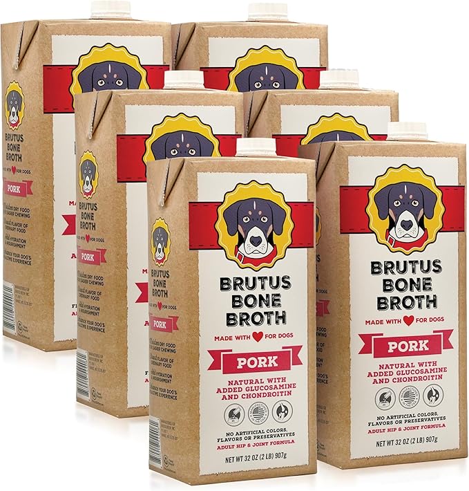 Brutus Bone Broth for Dogs | All Natural | Made in USA | Glucosamine & Chondroitin for Healthy Joints | Human Grade Ingredients | Hydrating Food Topper, Gravy & Treat (Pork, 6-Pack)