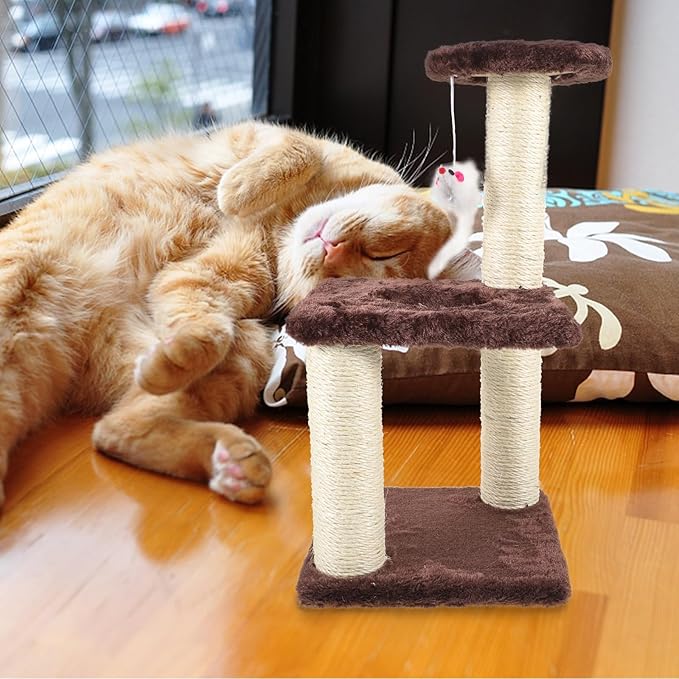 BESPORTBLE 3-Layer Sisal Cat Scratching Post with Mouse Integrated Wear-Resistant Kitten Scratcher Multi-Level Cat Climbing Tower for Indoor Activity Brown Color Suitable for Daily Use