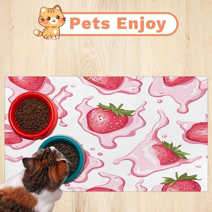 Pink Strawberry Dog Food Mat for Floors Absorbent Dog Bowl Mat for Food and Water Dispenser Quick Dry Cat Food Placemat Pet Supplies 16" x 24", Greean Leaves