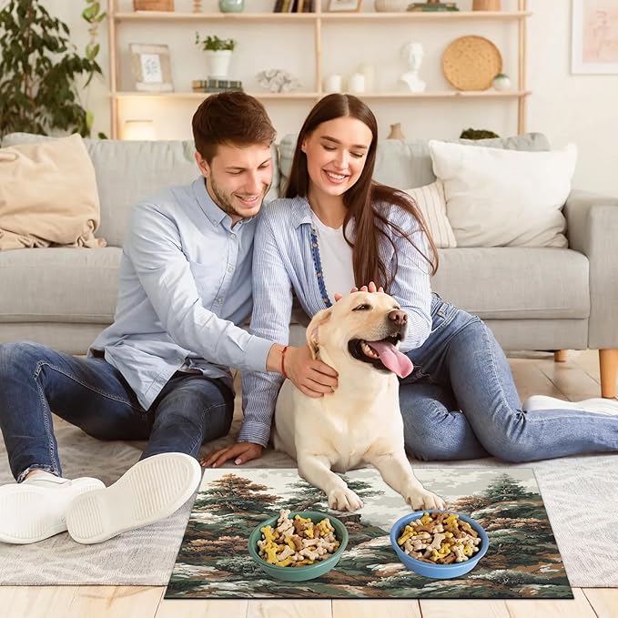 Trees Forest Dog Food Mat for Floors Absorbent, Quick Dry Water Dispenser Mat for Food, Water, Pet Supplies 16" x 24",