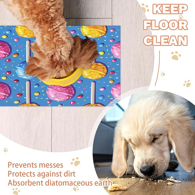 Candy Dog Food Mat for Floors Absorbent Dog Bowl Mat for Food and Water Dispenser Quick Dry Cat Food Placemat Pet Supplies 17" x 30", Sweet Theme