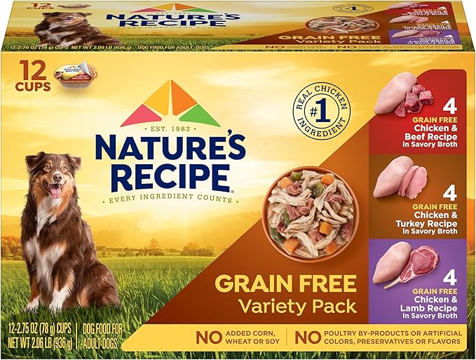 Nature’s Recipe Grain Free Chicken & Beef, Chicken & Turkey, Chicken & Lamb Wet Dog Food Variety Pack, 2.75 Ounce (Pack of 12)