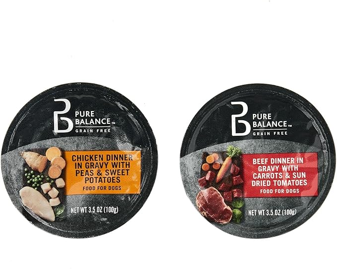 Pure~Balance Grain-Free Wet Dog Food Variety Pack, Chicken Dinner with Peas & Sweet Potatoes and Beef Dinner with Carrots & Sun Dried Tomatoes in Gravy, 3.5 oz Cups - Pack of 12