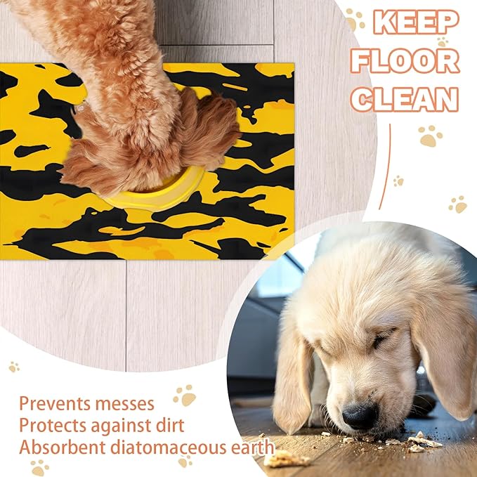 Yellow Camouflage Dog Food Mat for Floors Absorbent Dog Bowl Mat for Food and Water Dispenser Quick Dry Cat Food Placemat Pet Supplies 17" x 30", Camo