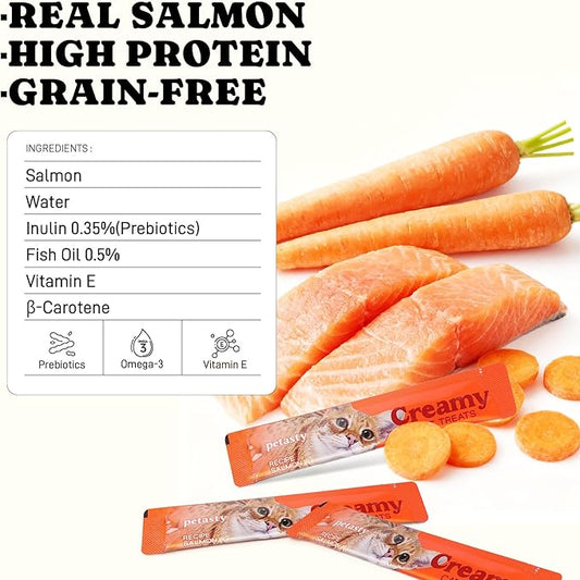 Lickable Cat Treats, High Moisture Hydrating Creamy Puree Squeeze Tubes, Slamon Flavor, 20 Tubes 0.5oz, Grain-Free, Omega Oils & Vitamin E, Skin & Coat Health, Digestive and Immune Support