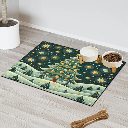 Christmas Trees Dog Food Mat for Floors Absorbent, Quick Dry Water Dispenser Mat for Food, Water, Pet Supplies 24" x 32", Merry Xmas
