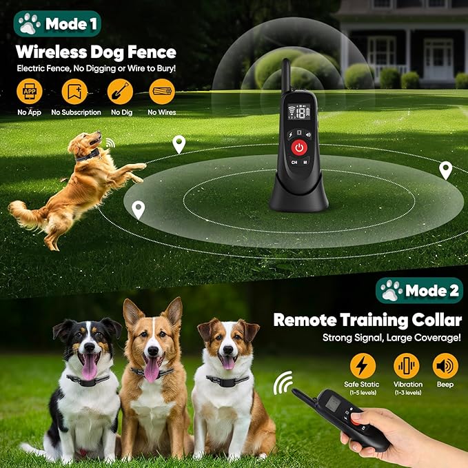 Wireless Dog Fence Collar, Electric Dog Fence & Remote Training Collar, Magnetic Charging Base, Portable Outdoor Wireless for Yards, Adjustable for Small Medium Large Dogs