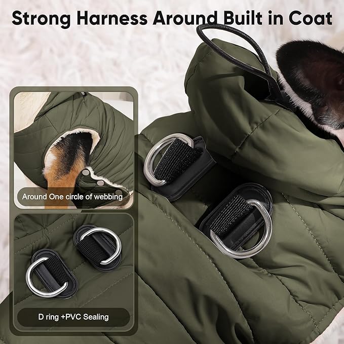 Fleece Lining Dog Hoodie with Harness Built in,Extra Warm Small Dog Jacket in Winter Puppy Coats with Drawstring Hooded,Green S