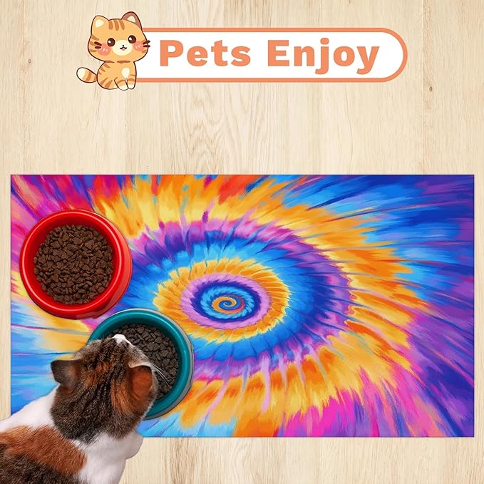 Tie Dye Dog Food Mat for Floors Absorbent, Quick Dry Water Dispenser Mat for Food, Water, Pet Supplies 12" x 20", Watercolor Rainbow