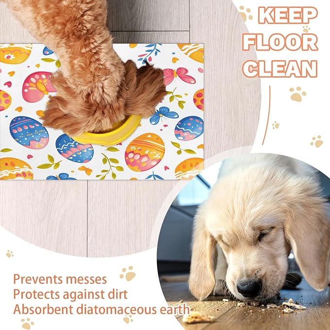 Easter Egg Dog Food Mat for Floors Absorbent Dog Bowl Mat for Food and Water Dispenser Quick Dry Cat Food Placemat Pet Supplies 12" x 20", Butterfly Leaf