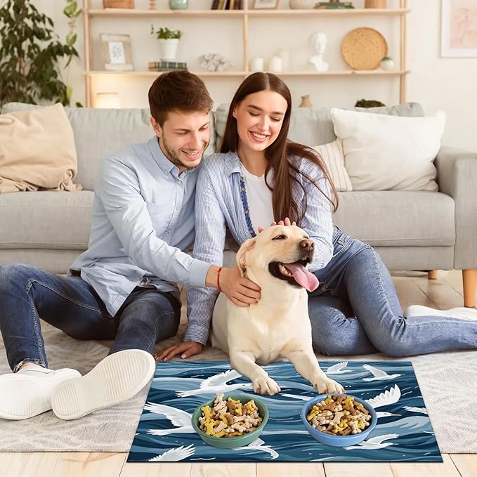 Seagull Ocean Dog Food Mat for Floors Absorbent, Quick Dry Water Dispenser Mat for Food, Water, Pet Supplies 12" x 20", Blue Beach