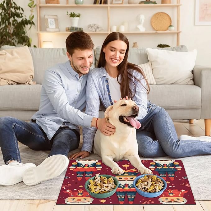 Nutcrackers Dog Food Mat for Floors Absorbent, Quick Dry Water Dispenser Mat for Food, Water, Pet Supplies 24" x 32", Christmas