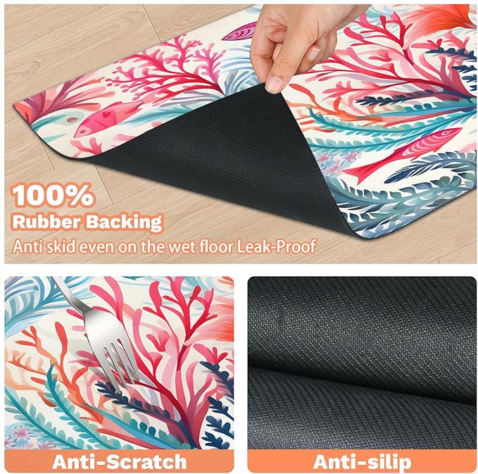 Watercolor Corals Dog Food Mat for Floors Absorbent Dog Bowl Mat for Food and Water Dispenser Quick Dry Cat Food Placemat Pet Supplies 17" x 30", Colorful Nautical