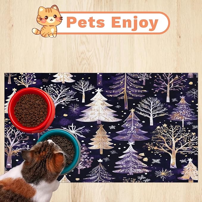 Xmas Trees Dog Food Mat for Floors Absorbent, Quick Dry Water Dispenser Mat for Food, Water, Pet Supplies 16" x 24", Snowflake