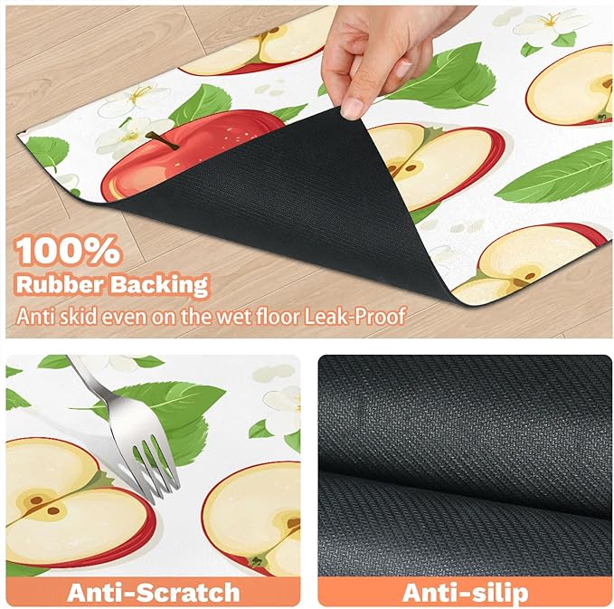 Apples Fruit Dog Food Mat for Floors Absorbent Dog Bowl Mat for Food and Water Dispenser Quick Dry Cat Food Placemat Pet Supplies 24" x 32", Green Leaves